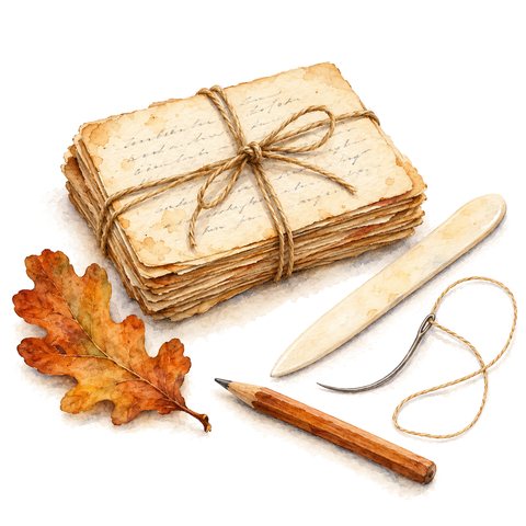 Watercolor of handwritten recipe cards tied with twine beside a bone folder, needle and thread