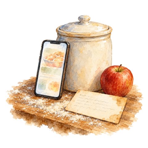Watercolor of a phone propped against a flour canister beside a recipe card and an apple