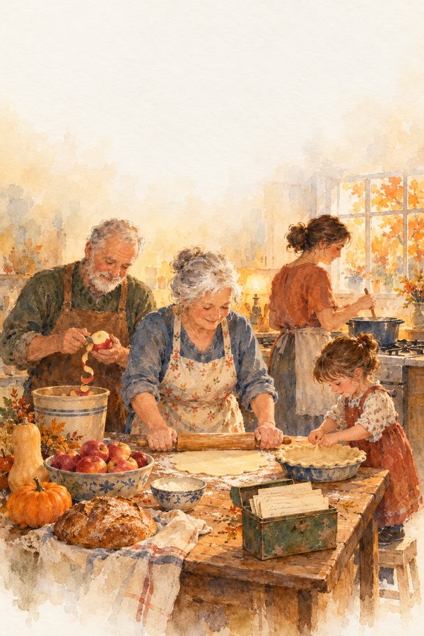 The Sample Family Table, a watercolor of a family making dinner together